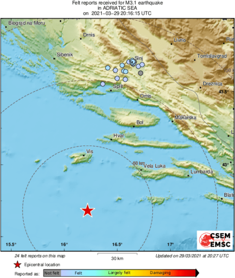 Pod Jadranskim morjem trese: devet so jih zabeležili, zadnji magnitude 3,1