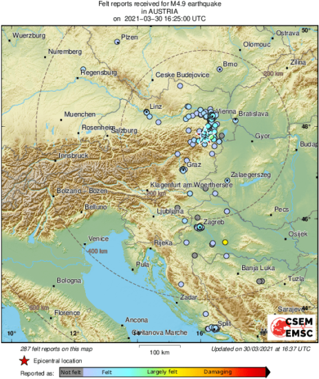 Južno od Dunaja potres magnitude 4,6